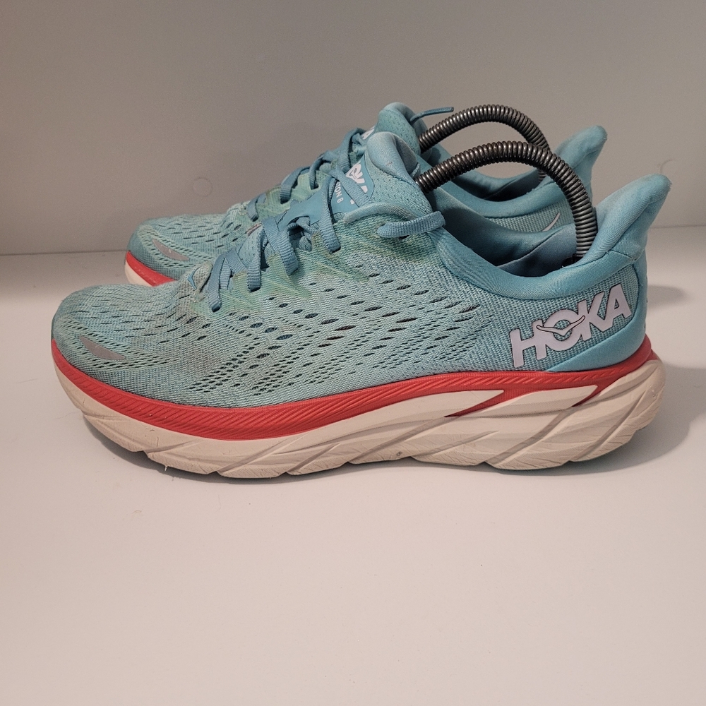 Hoka One One Clifton 8 Shoes Womens 9.5 B Running Aqua Blue Sneakers Running